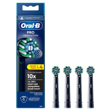 Oral-B Pro Cross Action Electric Toothbrush Head, X-Shape And Angled Bristles for Deeper Plaque Removal, Pack of 4 Toothbrush Heads, Black